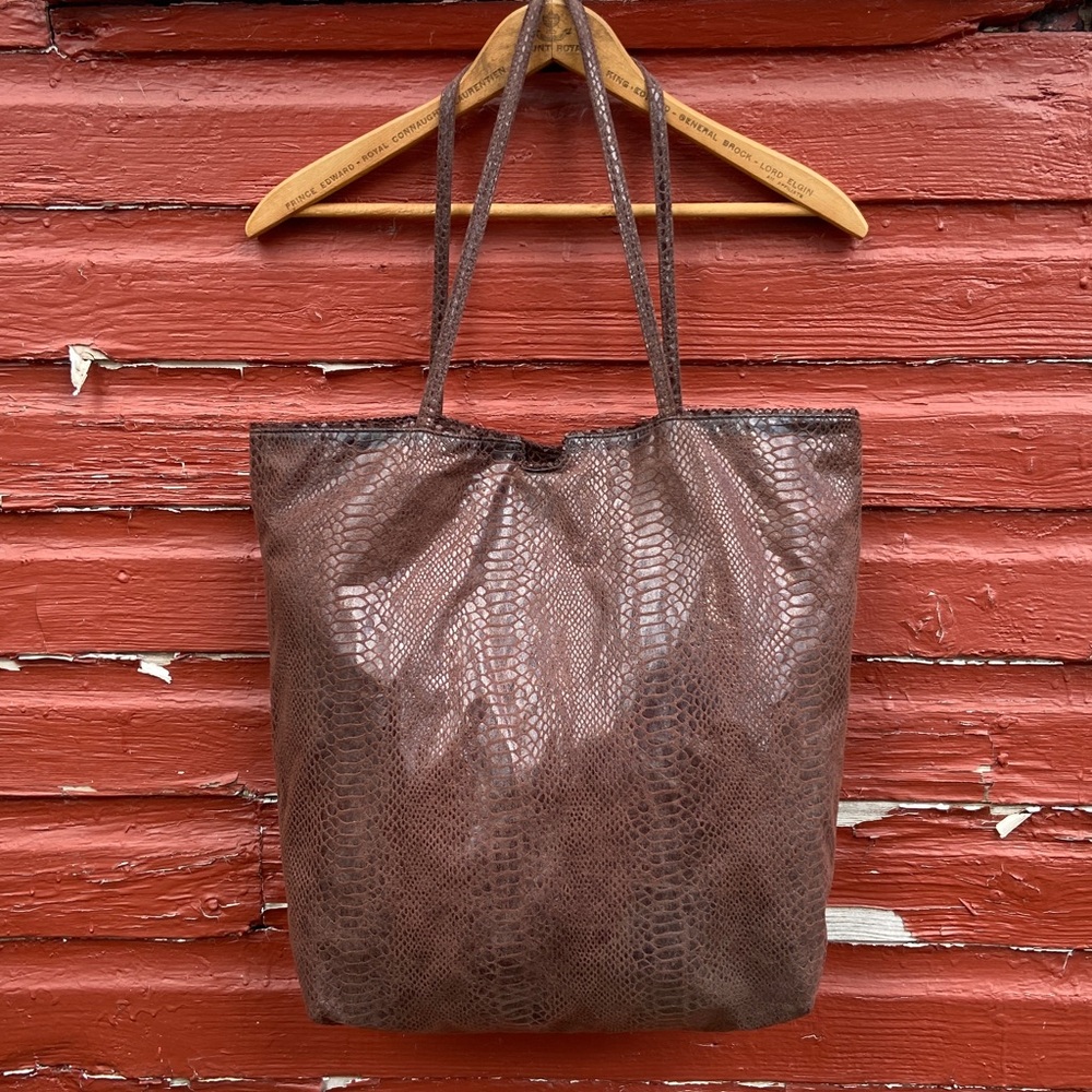 Carlos Falchi Vintage Vegan Python Tote Bag Brown Faux Snakeskin Purse - Picture 2 of 11